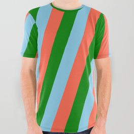 [ Thumbnail: Sky Blue, Red, and Green Colored Stripes Pattern All Over Graphic Tee ]