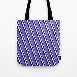 [ Thumbnail: White, Black & Slate Blue Colored Stripes Pattern Tote Bag ]