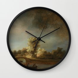 The Stone Bridge - Rembrandt Harmensz van Rijn Wall Clock | Vanrijn, Painting, Rembrandt, Boat, Darklandscape, Shack, Shacks, Clouds, Tree, Trees 