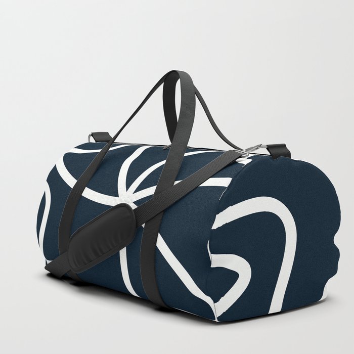 Abstract Curved Mid Century Modern Style Lines pattern - Maastricht Blue and White Duffle Bag