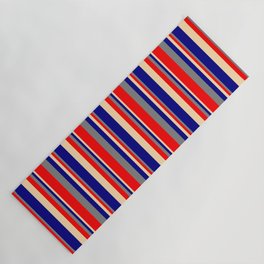 [ Thumbnail: Tan, Blue, Gray & Red Colored Lines/Stripes Pattern Yoga Mat ]