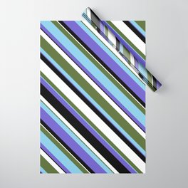 [ Thumbnail: Dark Olive Green, Sky Blue, Slate Blue, Black, and White Colored Lined Pattern Wrapping Paper ]