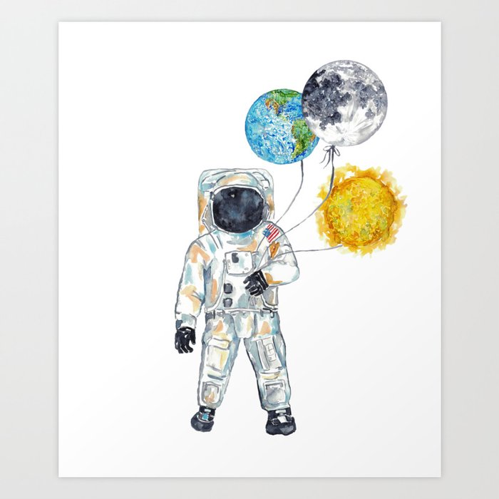 Astronaut Balloons Moon Sun Planet Earth Spaceship print space ship Kids room wall decor painting watercolour Art Print