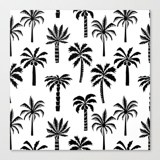 Palm Trees linocut black and white tropical summer art minimalist decor Canvas Print