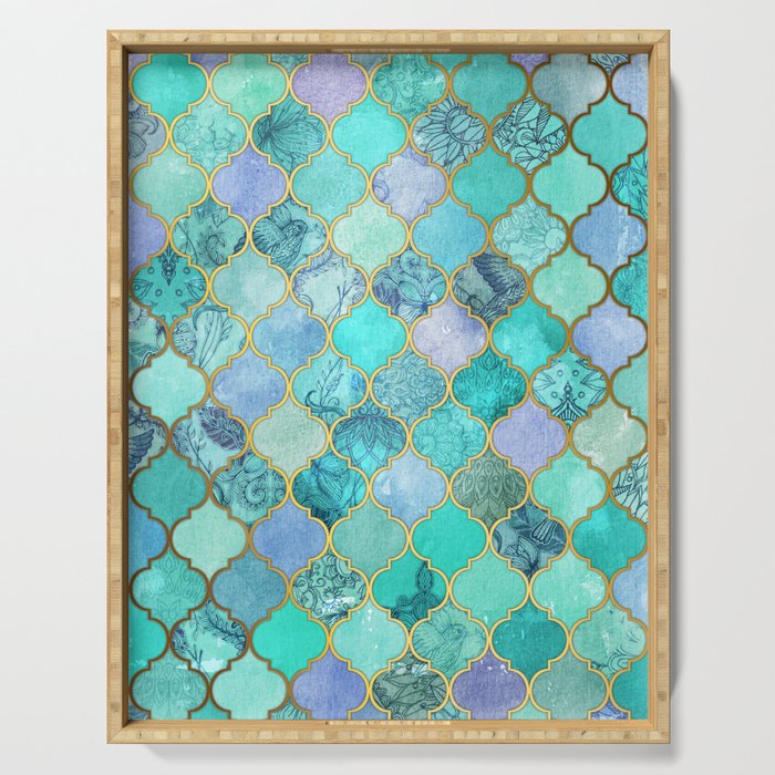 Cool Jade & Icy Mint Decorative Moroccan Tile Pattern Serving Tray