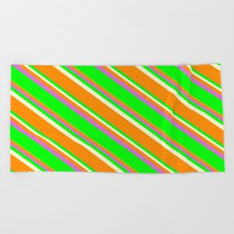 [ Thumbnail: Light Yellow, Dark Orange, Orchid, and Lime Colored Lined Pattern Beach Towel ]
