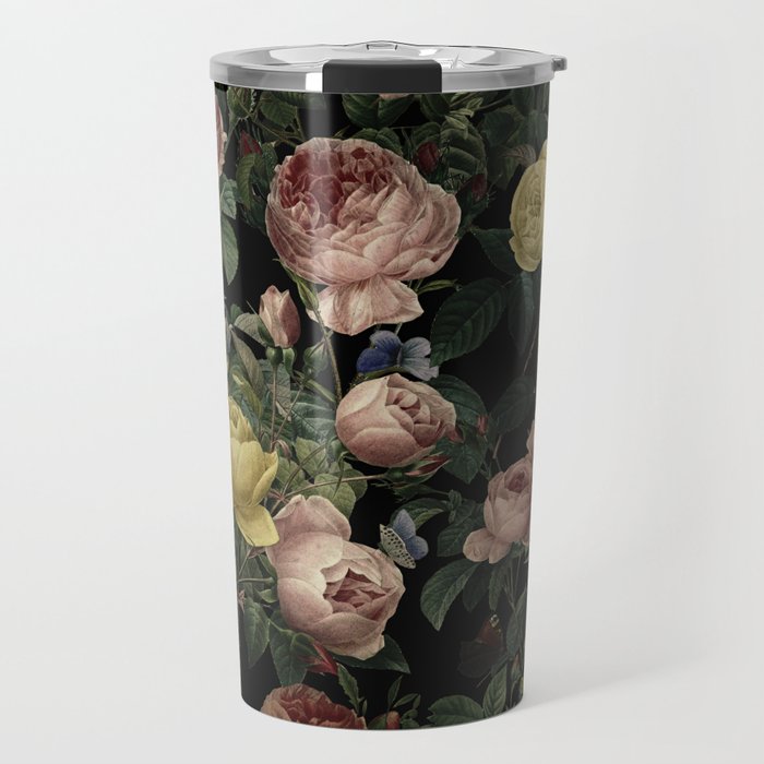 Vintage Roses and Iris Pattern - Dark Dreams Travel Mug