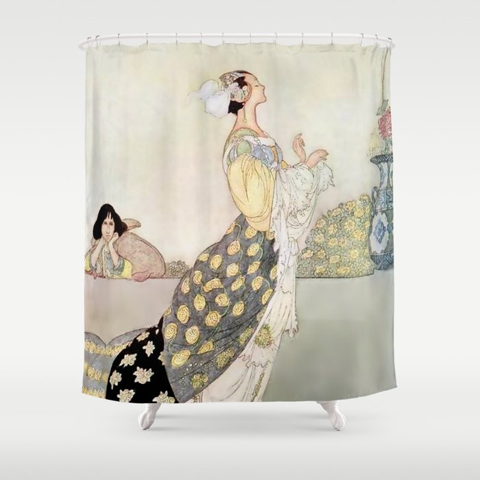 “Nightingale and Rose” Fairy Art by Charles Robinson Shower Curtain