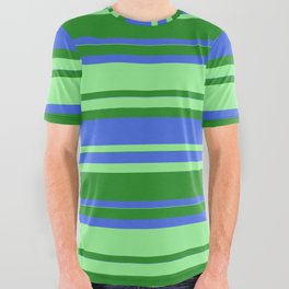 [ Thumbnail: Forest Green, Royal Blue & Light Green Colored Striped Pattern All Over Graphic Tee ]