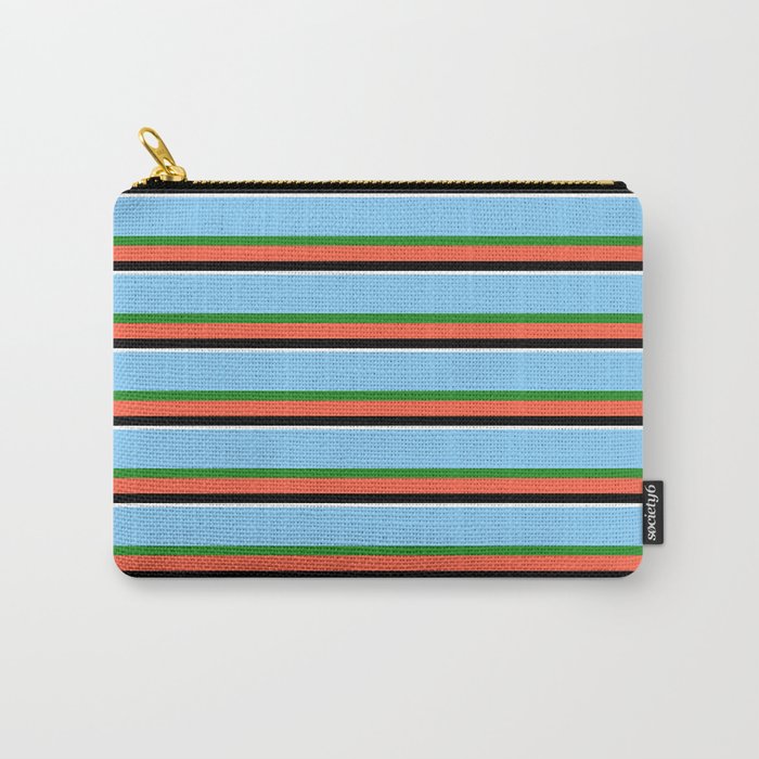 Light Sky Blue, Forest Green, Red, Black, and White Colored Striped/Lined Pattern Carry-All Pouch