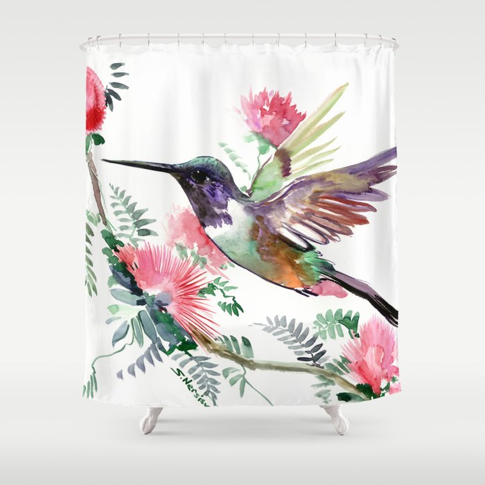 Flying Hummingbird and Red Flowers Shower Curtain