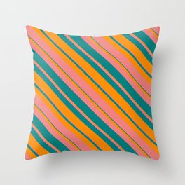 [ Thumbnail: Light Coral, Teal & Dark Orange Colored Striped Pattern Throw Pillow ]