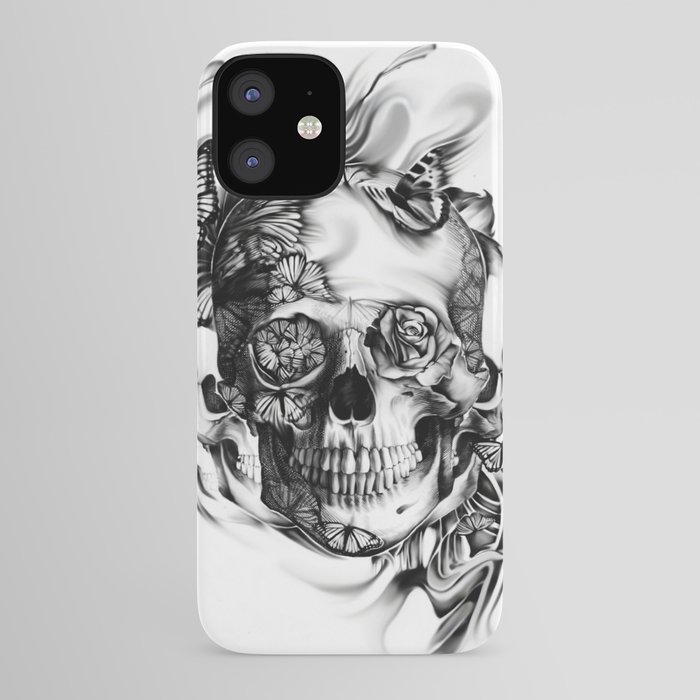 Butterfly smoke skull in black and white iPhone Case
