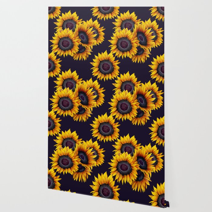 Sunflowers Yellow Navy Blue Elegant Colorful Pattern Wallpaper By
