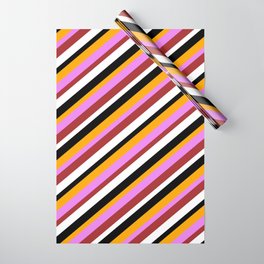[ Thumbnail: Eye-catching Orange, Violet, Brown, White & Black Colored Striped/Lined Pattern Wrapping Paper ]