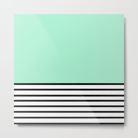 Fresh Mint Black and White stripes pattern Metal Print