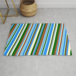 [ Thumbnail: Vibrant Sienna, Sky Blue, Blue, Light Yellow, and Dark Green Colored Striped Pattern Rug ]