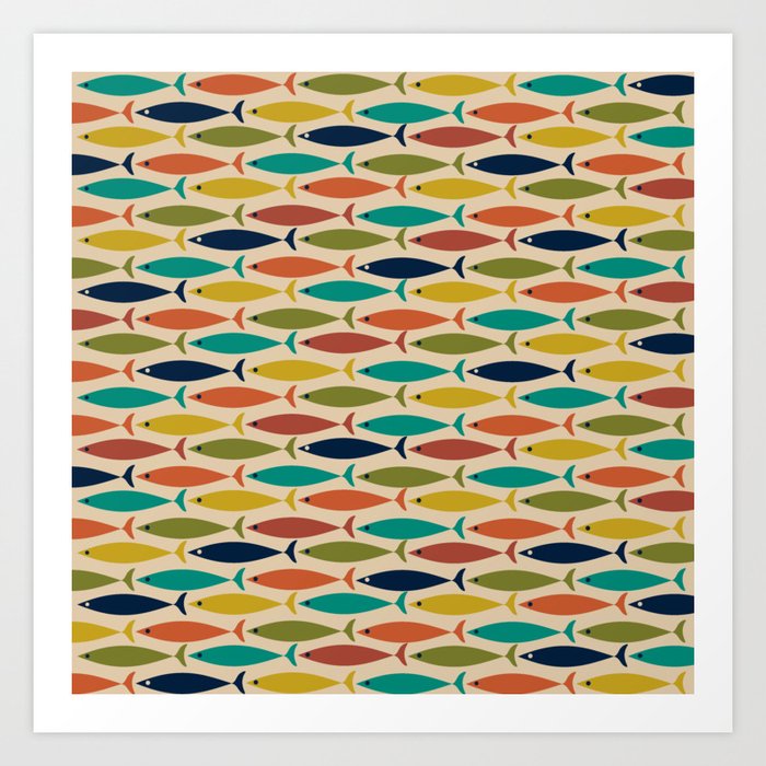 Midcentury Modern Multicolor Fish Pattern 2 in Olive, Mustard, Orange, Teal, Beige Art Print