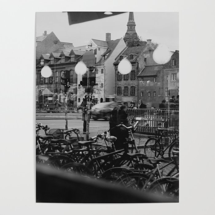 Copenhagen street scene,view from cafe, black and white Poster