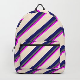 [ Thumbnail: Colorful Fuchsia, Beige, Midnight Blue, Dim Gray & Black Colored Lines/Stripes Pattern Backpack ]
