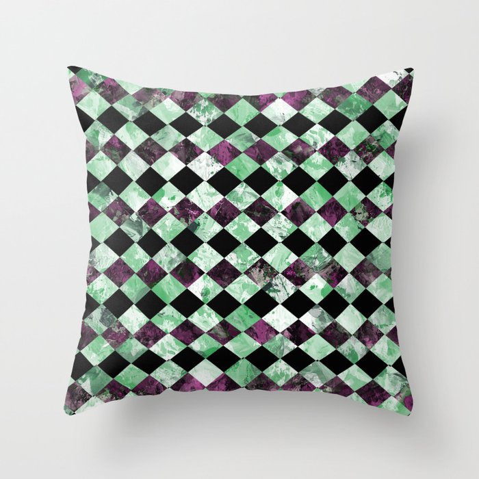Diamond Pattern In Green, Black And Purple Throw Pillow