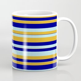 [ Thumbnail: Powder Blue, Goldenrod, and Blue Colored Striped Pattern Coffee Mug ]