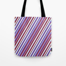[ Thumbnail: Light Cyan, Slate Blue, and Brown Colored Lined/Striped Pattern Tote Bag ]