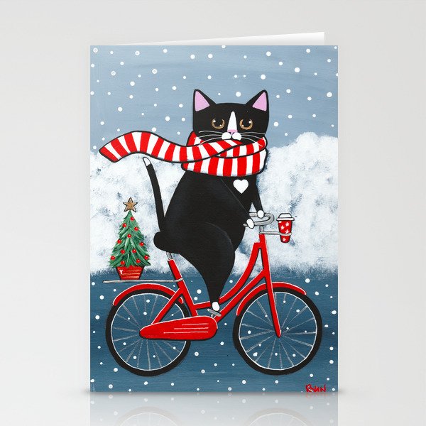Winter Tuxedo Cat Bicycle Ride Stationery Cards