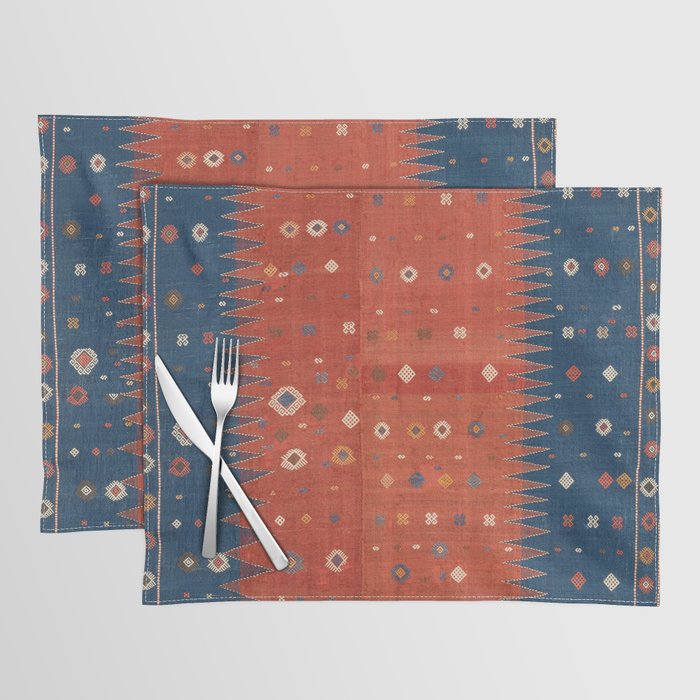 Antique Persian Shadda - Red + Blue Traditional Vintage Turkish Textile Print Placemat