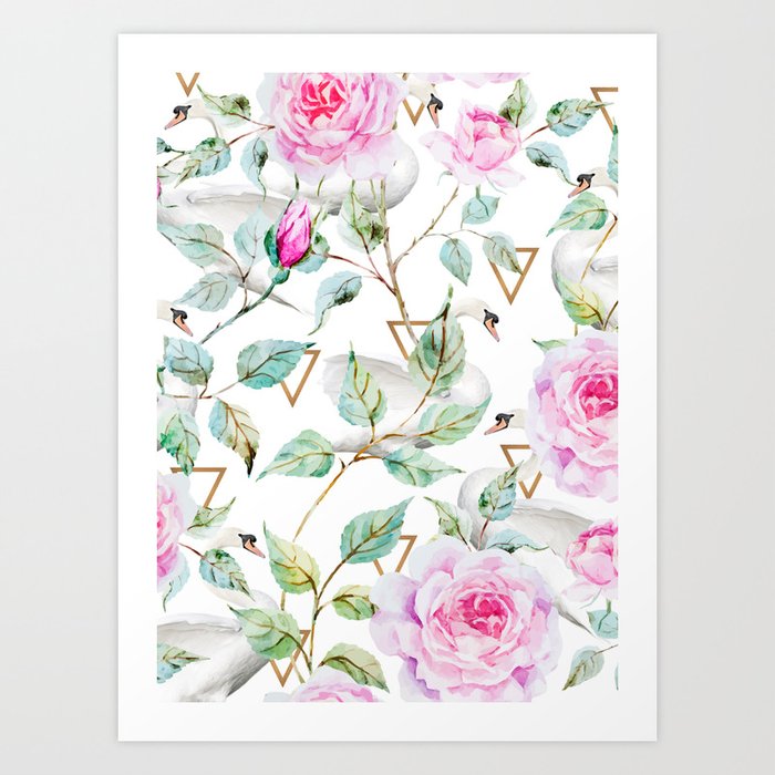 Pattern swans with flowers Art Print