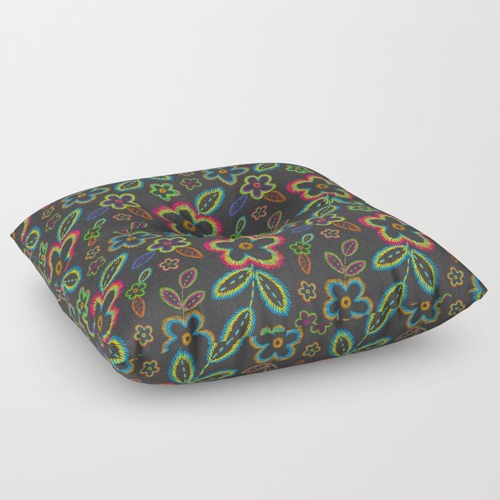 Embroidery imitation floral pattern on dark canvas Floor Pillow