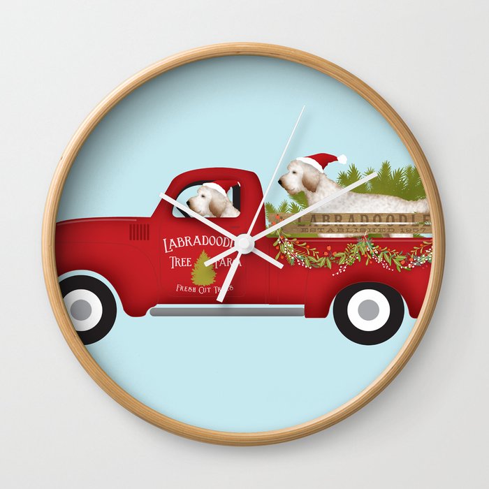 Labradoodle doodle dog truck christmas tree farm red vintage  Wall Clock