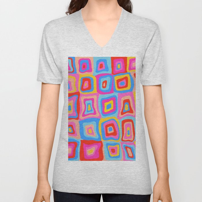 Mid Century Modern Square Pattern Pink and Blue V Neck T Shirt