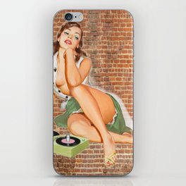Vintage Pin Up Girl With Two Vinyls, A Green Skirt And Red Nails On A Wall Background iPhone Skin