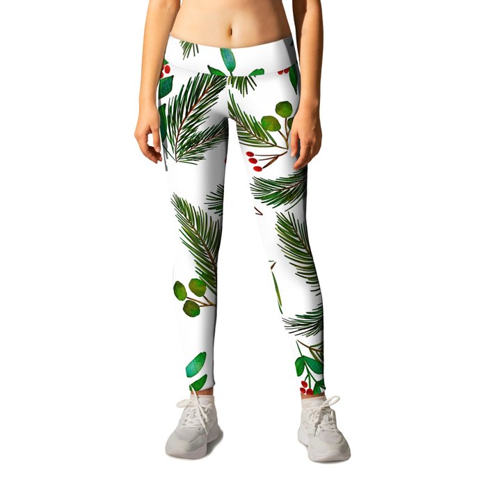 Christmas tree branches and berries pattern Leggings