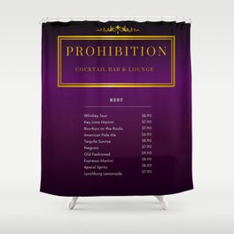 Sapphire amethyst two-tone purple Jazz Age Prohibition Cocktail Bar and Lounge cocktail aperitif alcoholic beverages bar menu and price list portrait in gold motif vintage poster Shower Curtain
