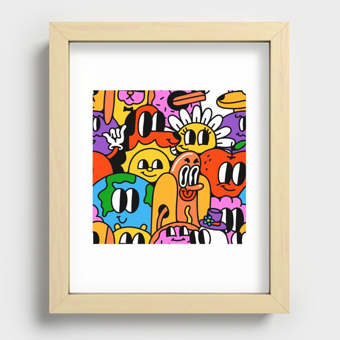 Funny trendy retro cartoon character crowd background Recessed Framed Print