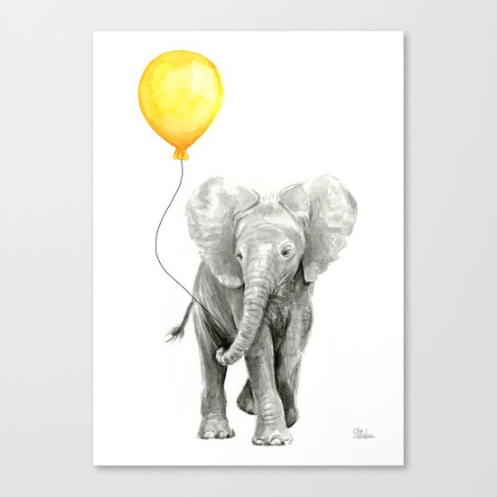 Elephant Watercolor Yellow Balloon Whimsical Baby Animals Canvas Print