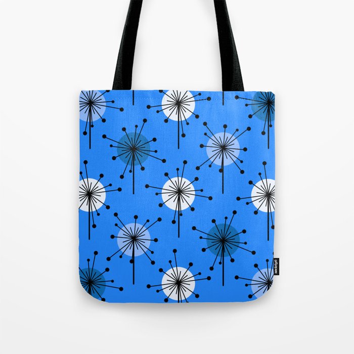 Atomic Era Sputnik Starburst Flowers Blue Tote Bag