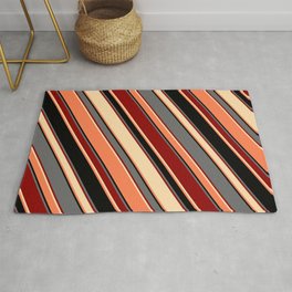 [ Thumbnail: Eye-catching Dim Grey, Dark Red, Tan, Coral, and Black Colored Striped Pattern Rug ]