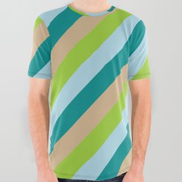 [ Thumbnail: Tan, Green, Light Blue, and Dark Cyan Colored Stripes Pattern All Over Graphic Tee ]