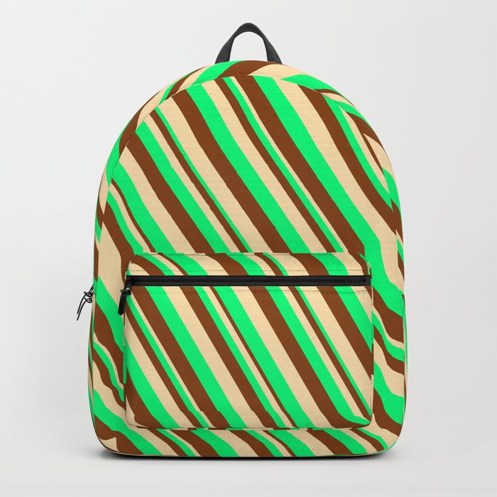Green, Brown & Beige Colored Lined/Striped Pattern Backpack