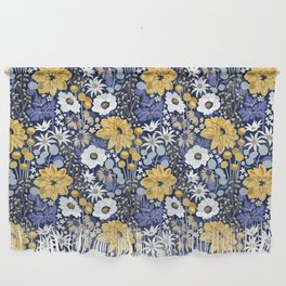 Boho garden // oxford navy blue background background very peri pastel blue yellow ivory and white flowers  Wall Hanging