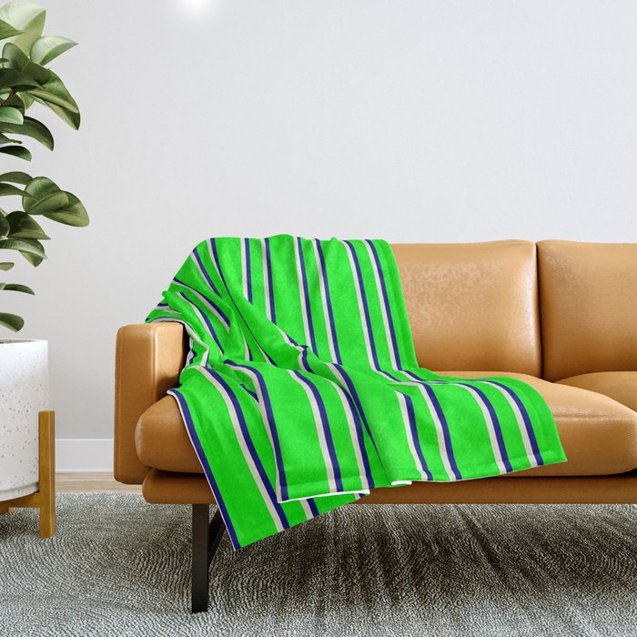 Lime, Beige & Blue Colored Striped Pattern Throw Blanket