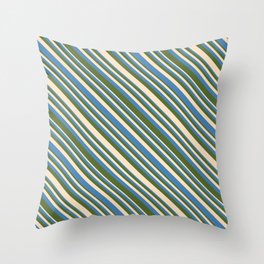 [ Thumbnail: Bisque, Blue, and Dark Olive Green Colored Lines/Stripes Pattern Throw Pillow ]
