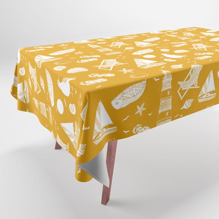Mustard And White Summer Beach Elements Pattern Tablecloth