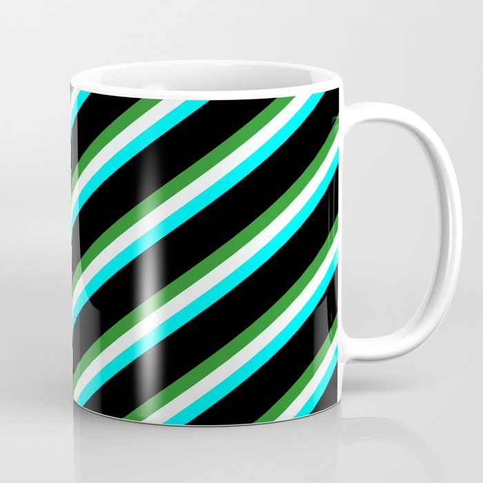 Forest Green, Mint Cream, Cyan & Black Colored Striped Pattern Coffee Mug