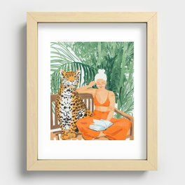 Jungle Vacay | Modern Bohemian Blonde Woman Tropical Travel | Leopard Wildlife Forest Reader Recessed Framed Print