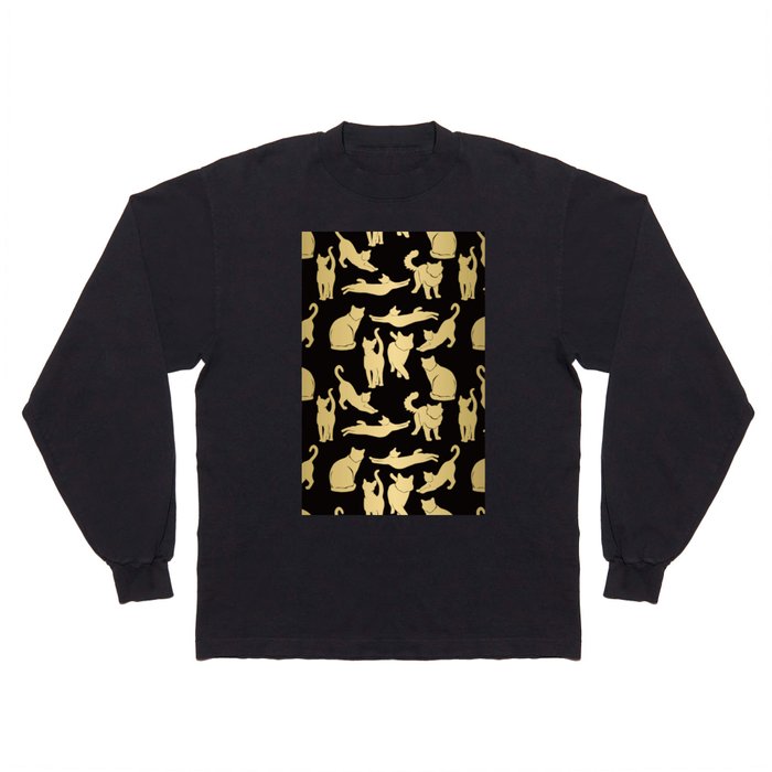Gold Metallic Cat Silhouette on Black Background Long Sleeve T Shirt