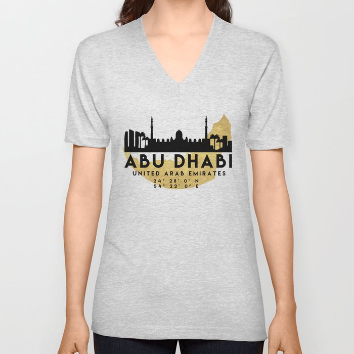ABU DHABI UNITED ARAB EMIRATES SILHOUETTE SKYLINE MAP ART V Neck T Shirt